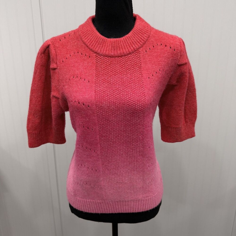 English Factory Women's Large Red/Pink Ombre Crew Neck Short Sleeve Knit Sweater
